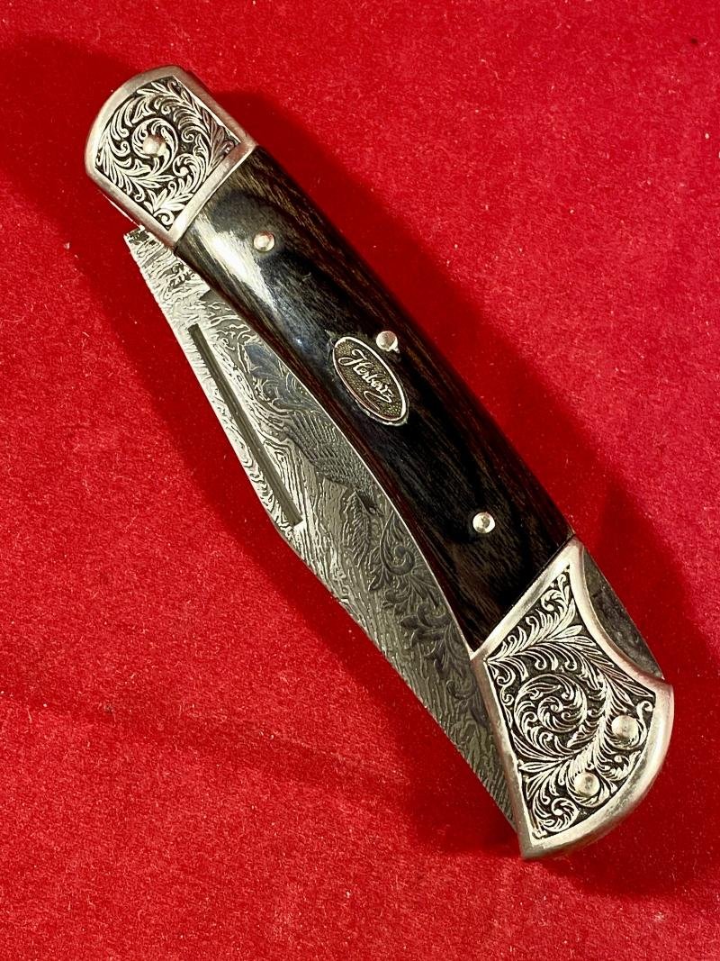 Stunning Vintage Folding Lock Knife with Damascus Blade Etched with an Eagle Scene by Herbertz Messer — image 9