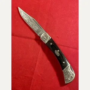 Stunning Vintage Folding Lock Knife with Damascus Blade Etched with …