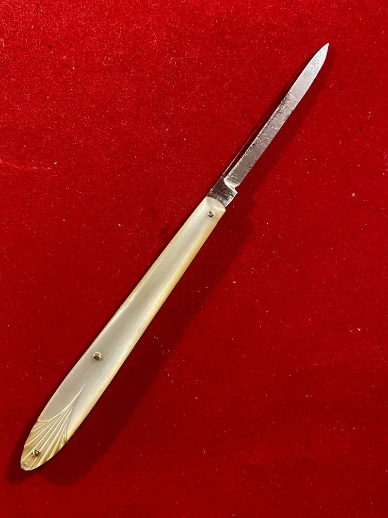 Victorian Folding Pocket Quill Cutter Pen Knife with 1.5' Fine Steel Blade and Carved MOP Grip c1850 — image 2