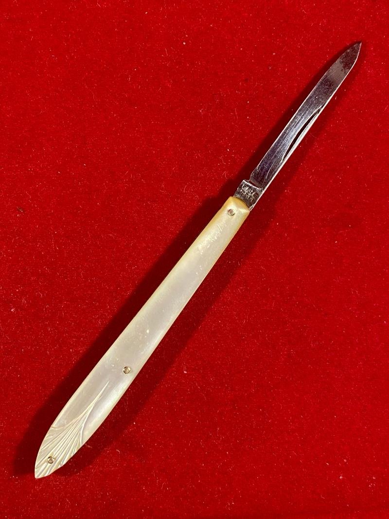 Victorian Folding Pocket Quill Cutter Pen Knife with 1.5' Fine Steel Blade and Carved MOP Grip c1850 — image 3