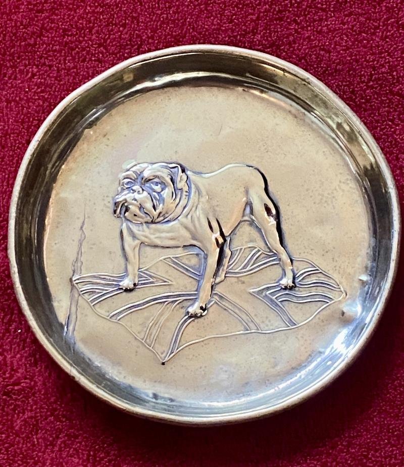 WW1 Patriotic Brass Pin or Coin Tray Depicting a British Bulldog Standing Astride a Union Jack Flag