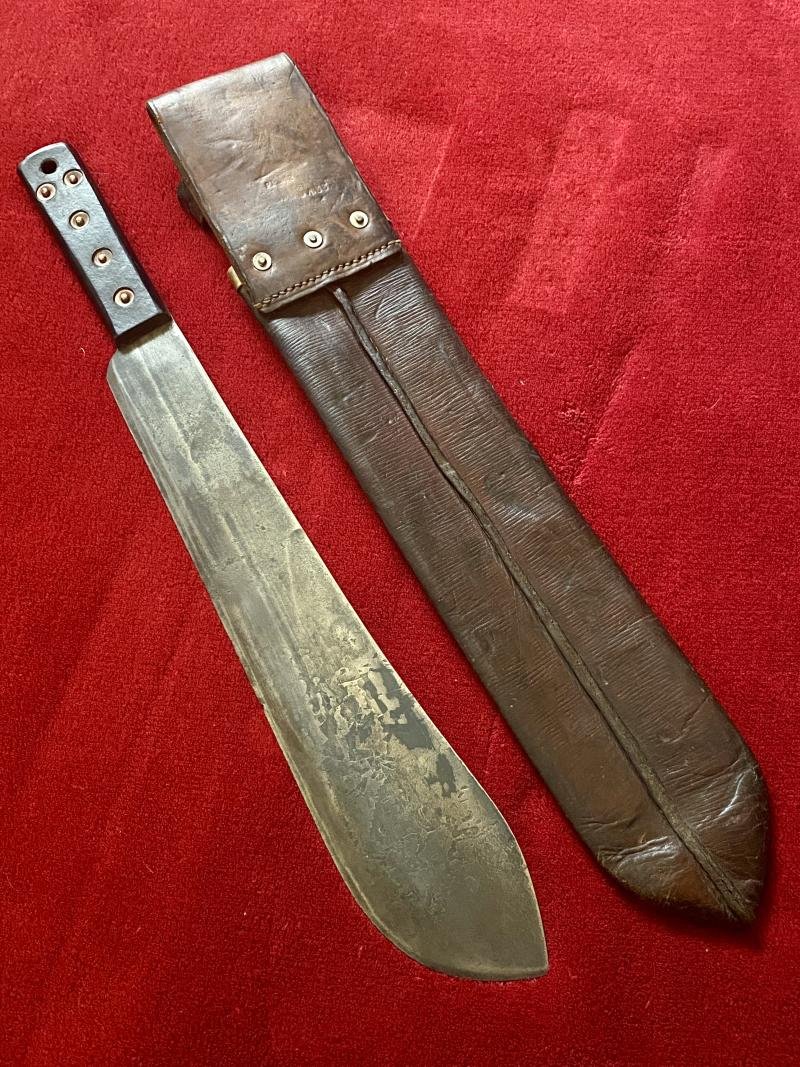 Fine WW2 British Military Machete by J.J.B. 1944 with Dark Brown Leather Scabbard Marker Marked P.I. 1942 — image 3