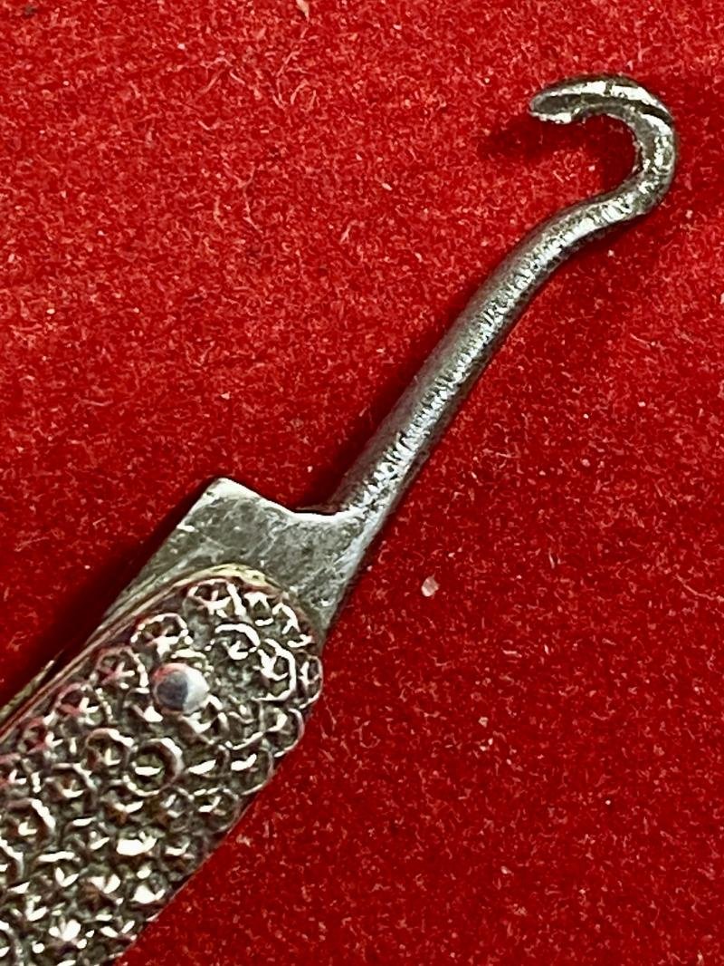 Antique Miniature Ladies Chatelaine Folding Glove Button Hook with Ornate Silver Handle Scales c1890 — image 2