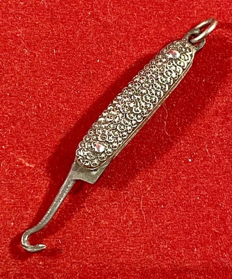 Antique Miniature Ladies Chatelaine Folding Glove Button Hook with Ornate Silver Handle Scales c1890 — image 3