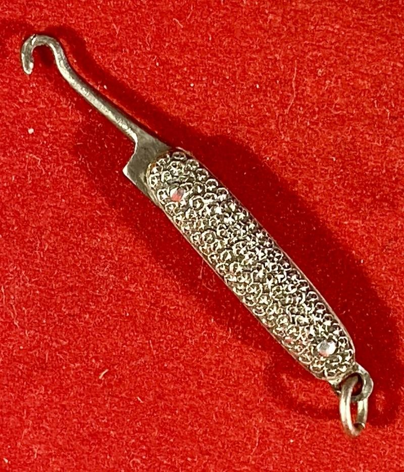 Antique Miniature Ladies Chatelaine Folding Glove Button Hook with Ornate Silver Handle Scales c1890 — image 4