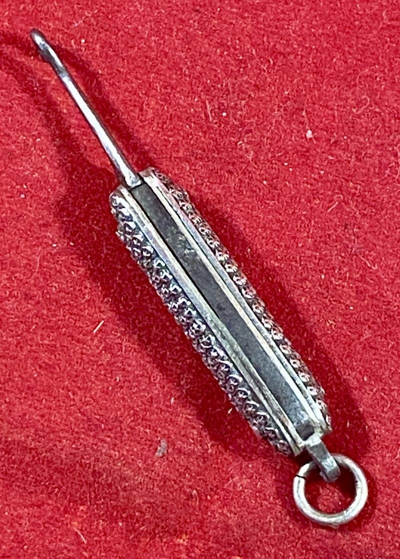 Antique Miniature Ladies Chatelaine Folding Glove Button Hook with Ornate Silver Handle Scales c1890 — image 6