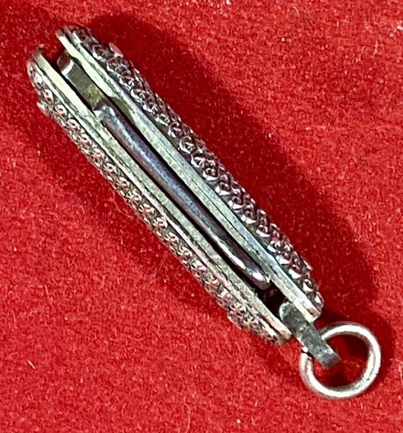 Antique Miniature Ladies Chatelaine Folding Glove Button Hook with Ornate Silver Handle Scales c1890 — image 9