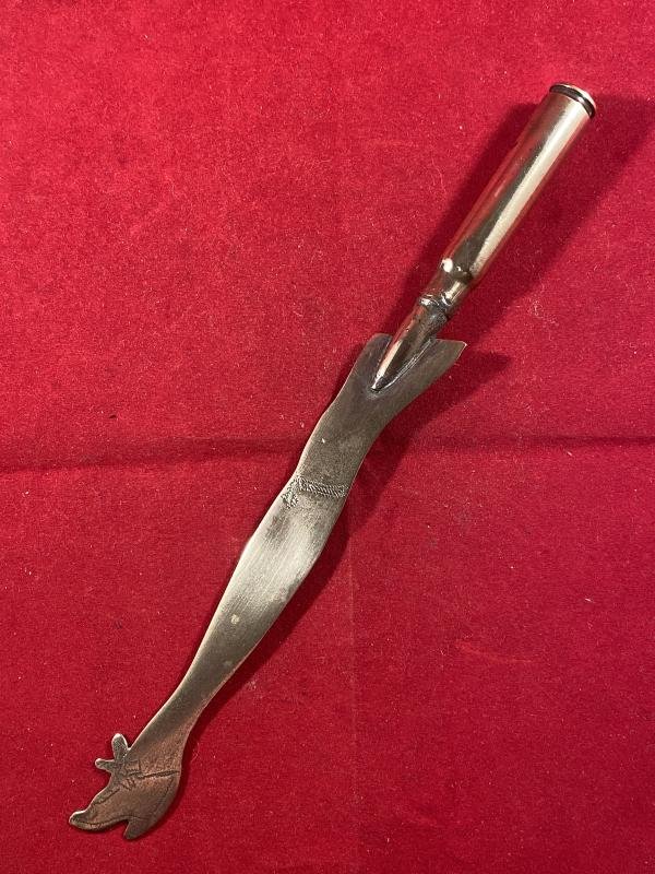 Unusual British WW1 Bullet Trench Art Letter Opener in the Shape of a Lady's Leg with an Engaved Shoe and Garter — image 2