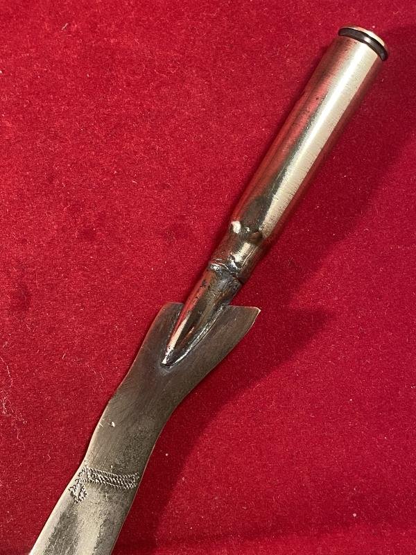 Unusual British WW1 Bullet Trench Art Letter Opener in the Shape of a Lady's Leg with an Engaved Shoe and Garter — image 4