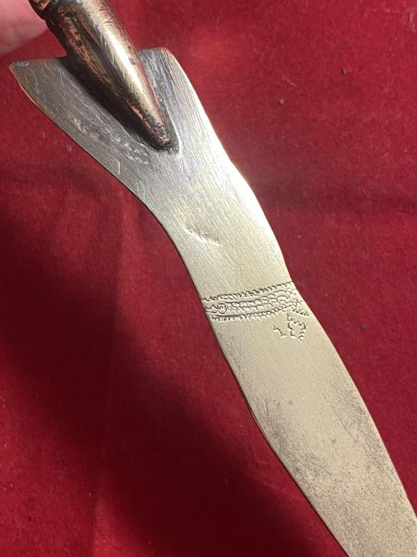 Unusual British WW1 Bullet Trench Art Letter Opener in the Shape of a Lady's Leg with an Engaved Shoe and Garter — image 6