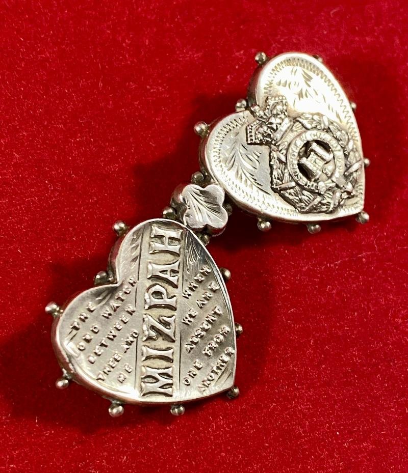 Pre WW1 Hallmarked Silver MIZPAH and Suffolk Regiment Double Heart Sweetheart Brooch by C&S - 1907 — image 2