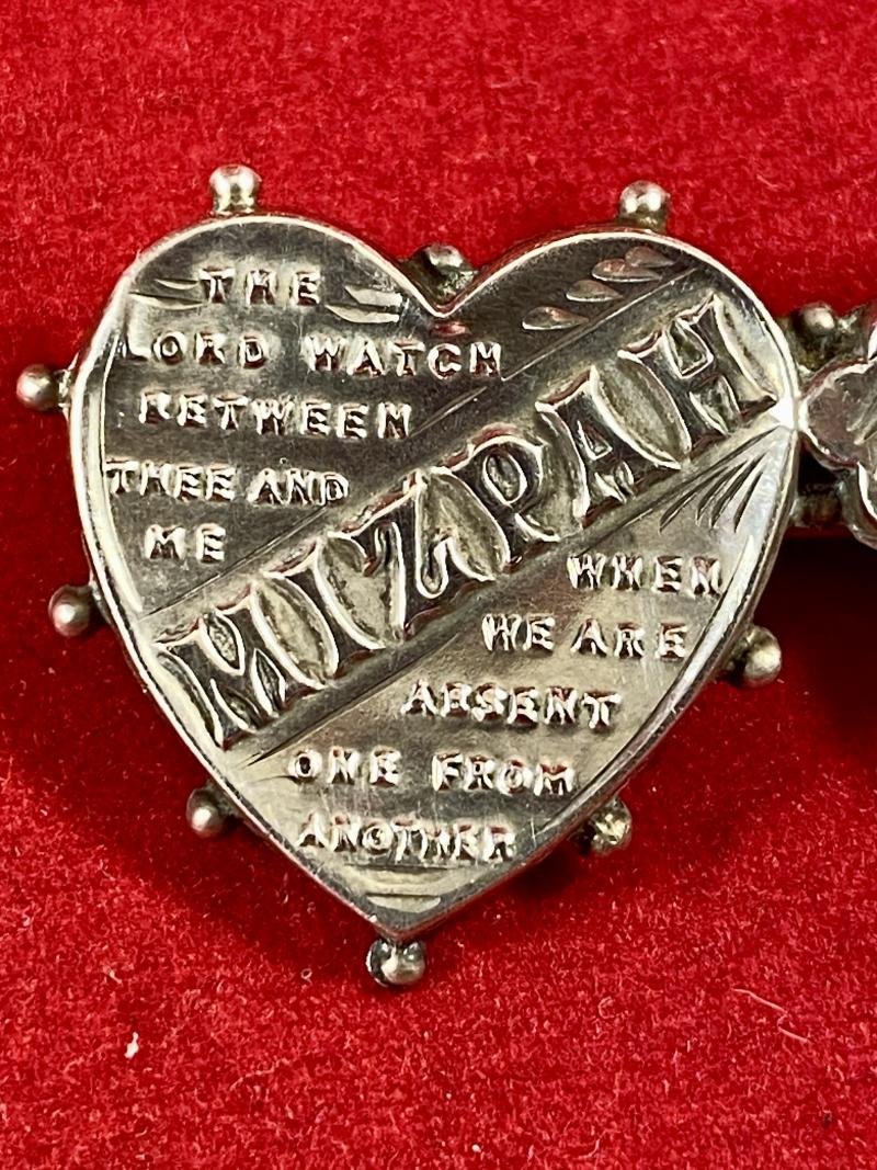 Pre WW1 Hallmarked Silver MIZPAH and Suffolk Regiment Double Heart Sweetheart Brooch by C&S - 1907 — image 5