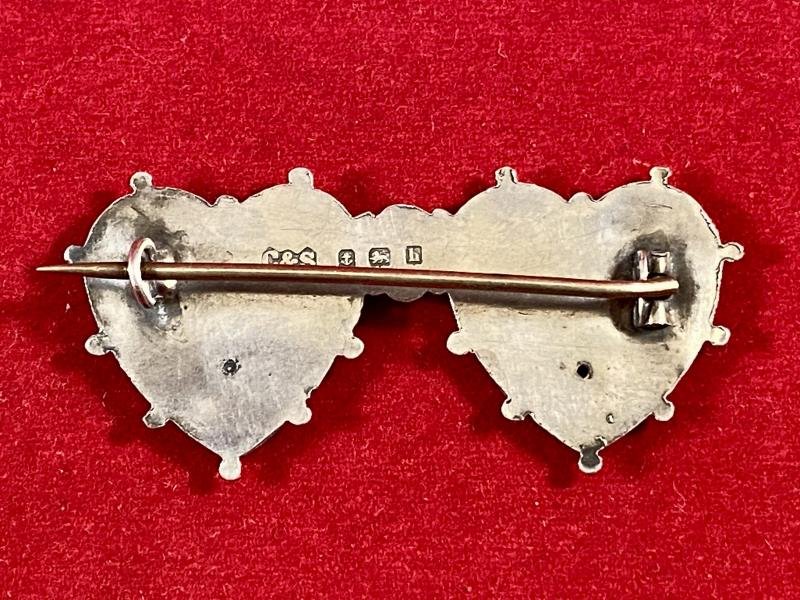 Pre WW1 Hallmarked Silver MIZPAH and Suffolk Regiment Double Heart Sweetheart Brooch by C&S - 1907 — image 6