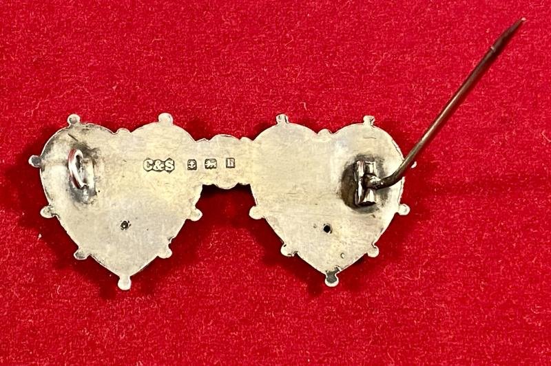 Pre WW1 Hallmarked Silver MIZPAH and Suffolk Regiment Double Heart Sweetheart Brooch by C&S - 1907 — image 8
