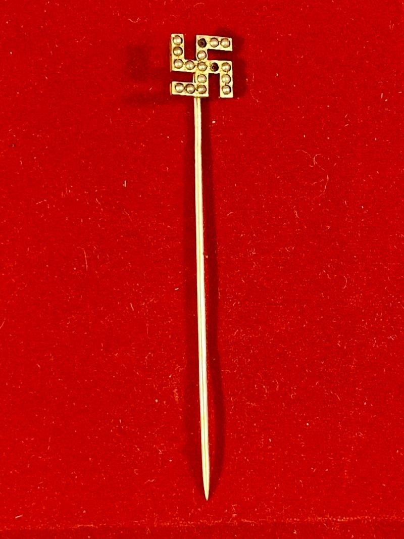 Antique Swastika Stickpin made with Seed Pearls Set in Gilt Metal by Plainville Stock Company USA c1890 — image 2