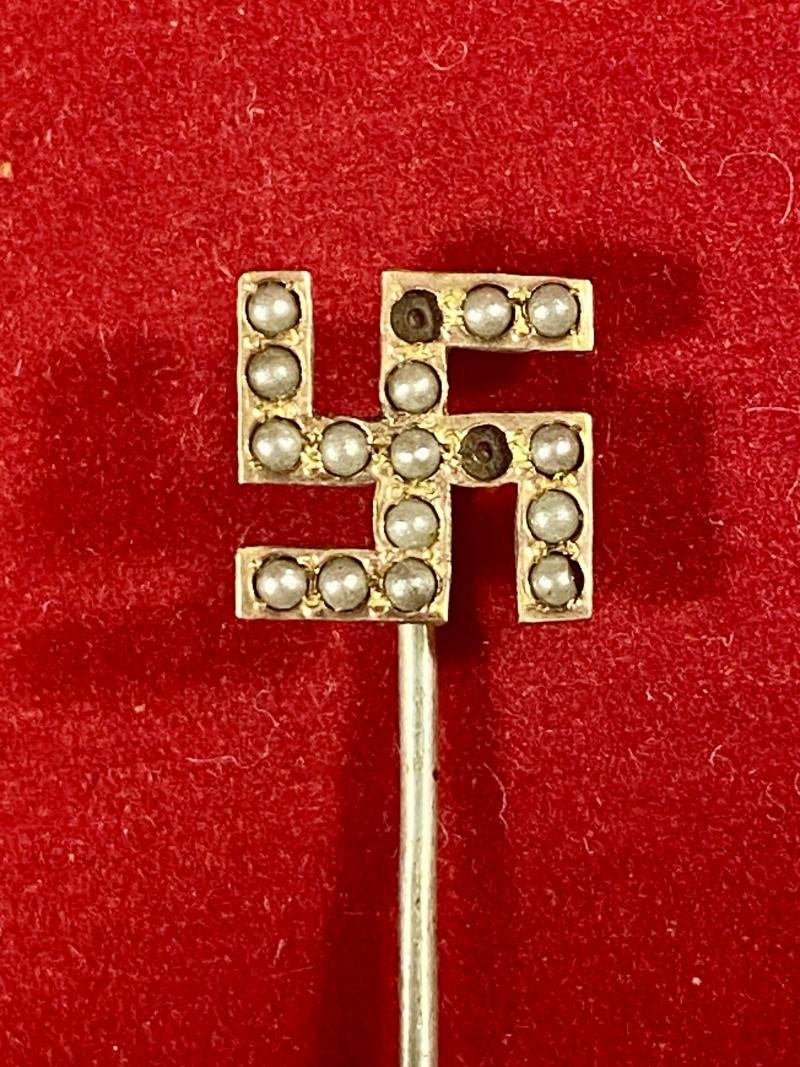 Antique Swastika Stickpin made with Seed Pearls Set in Gilt Metal by Plainville Stock Company USA c1890 — image 4