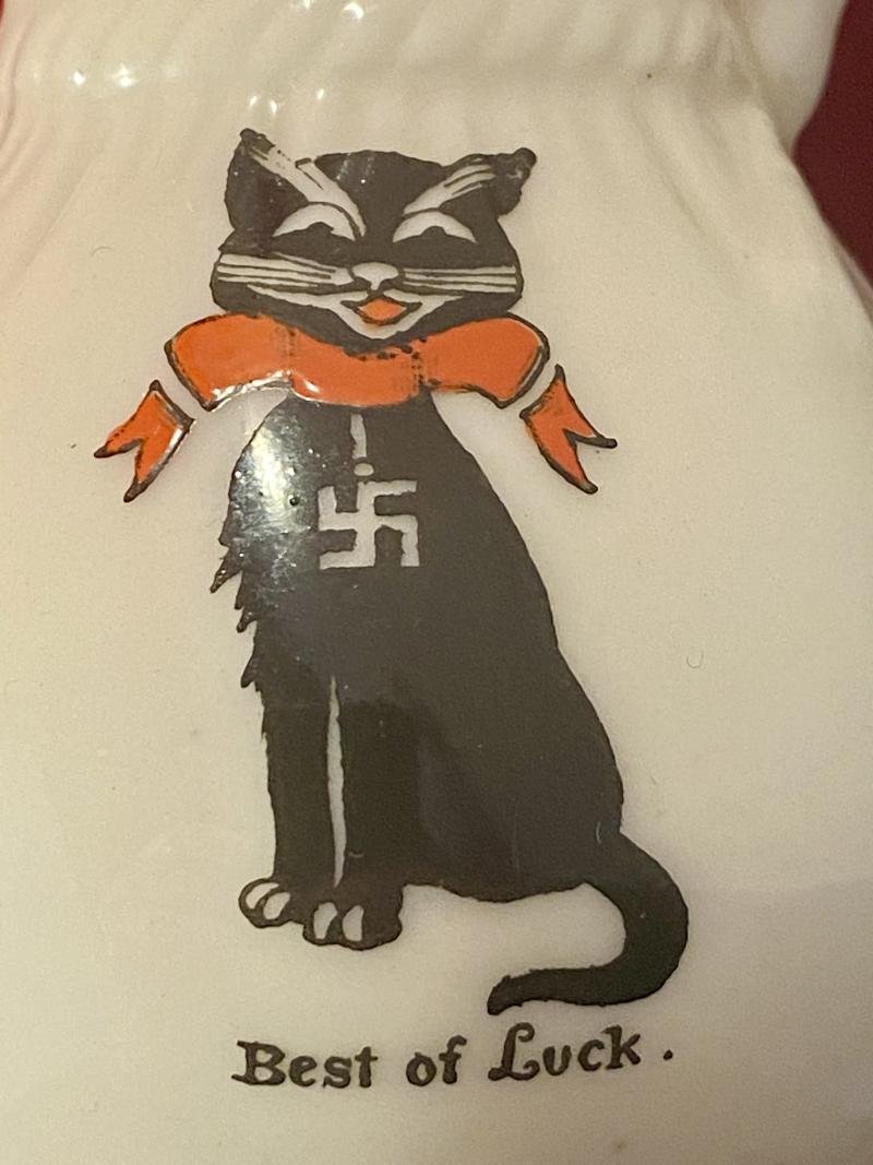 Milton China Crested Ware Sack Jug Depicting Lucky Black Cat with Swastika c1920 — image 2