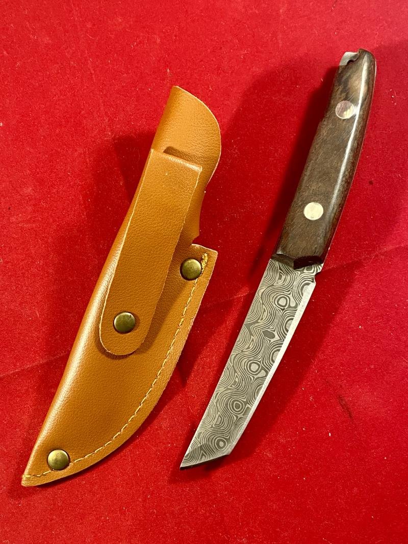 Modern Mini Tando Knife with Acid Etched Damascus Blade - Wooden Grip and Leatherette Sheath — image 2