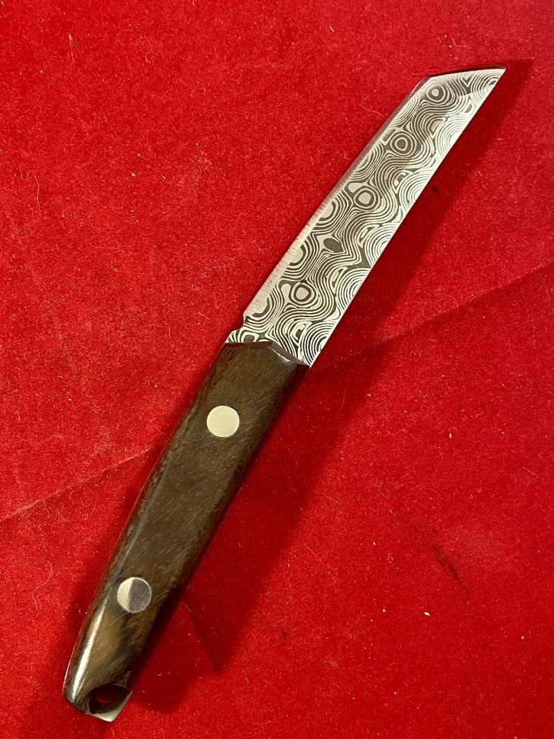 Modern Mini Tando Knife with Acid Etched Damascus Blade - Wooden Grip and Leatherette Sheath — image 4