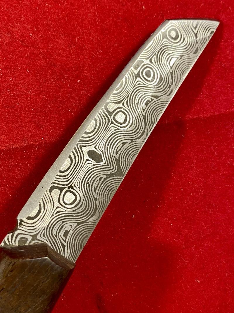 Modern Mini Tando Knife with Acid Etched Damascus Blade - Wooden Grip and Leatherette Sheath — image 5