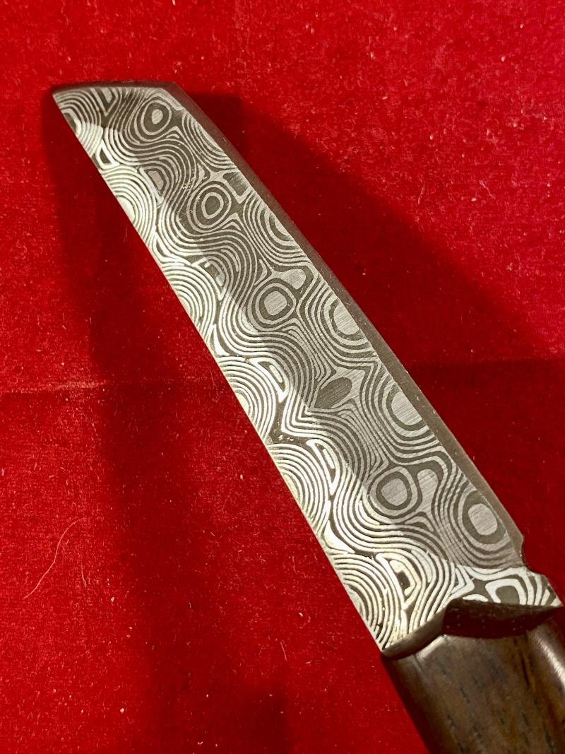 Modern Mini Tando Knife with Acid Etched Damascus Blade - Wooden Grip and Leatherette Sheath — image 6