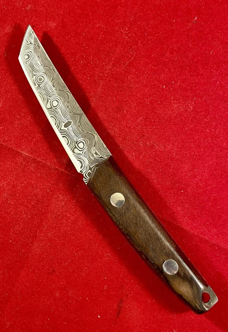 Modern Mini Tando Knife with Acid Etched Damascus Blade - Wooden Grip and Leatherette Sheath — image 7