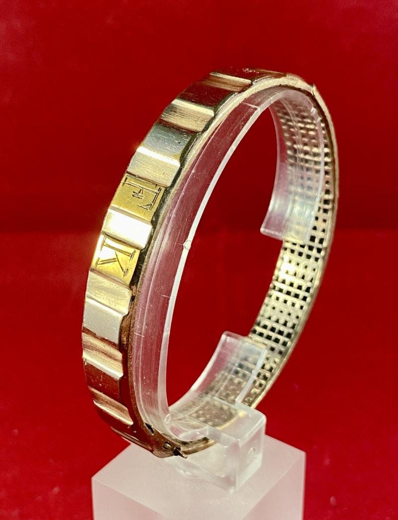 WW1 German Trench Art Gilt Copper Driving Band Bangle Engraved with Initials F K and Stamped D.R.G.M and maker KIAG c1914 — image 2