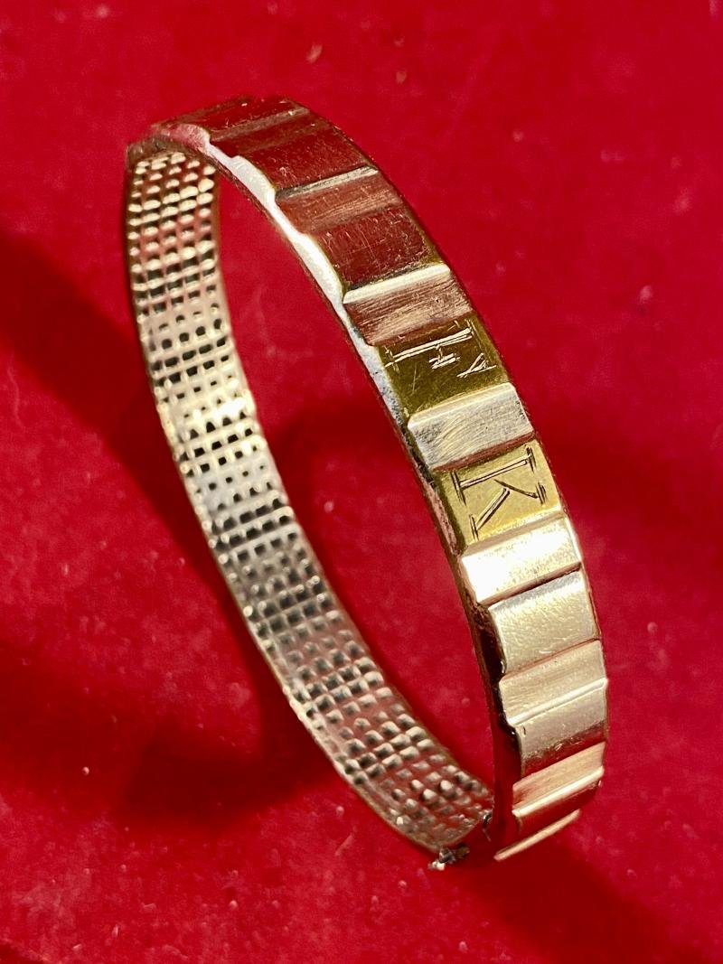 WW1 German Trench Art Gilt Copper Driving Band Bangle Engraved with Initials F K and Stamped D.R.G.M and maker KIAG c1914 — image 3