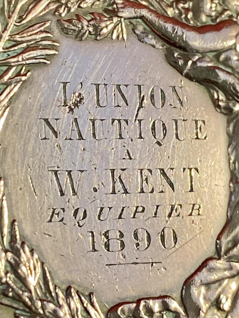 Large Antique French Bronze Yachting L' UNION Nautical Club Medal to W. KENT a Crew Member 1890 — image 3