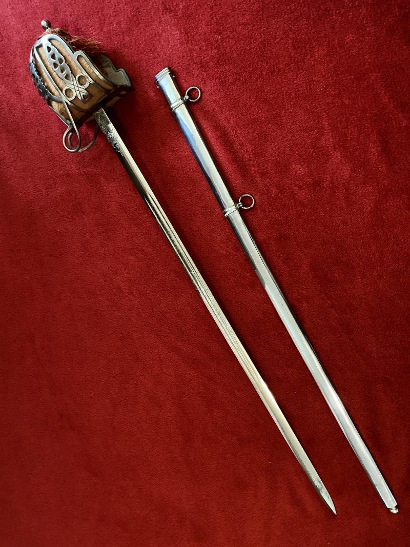 Good REPRODUCTION Scottish Highland Officer's Basket Sword 1828 Pattern with Plated Scabbard c1980 — image 3