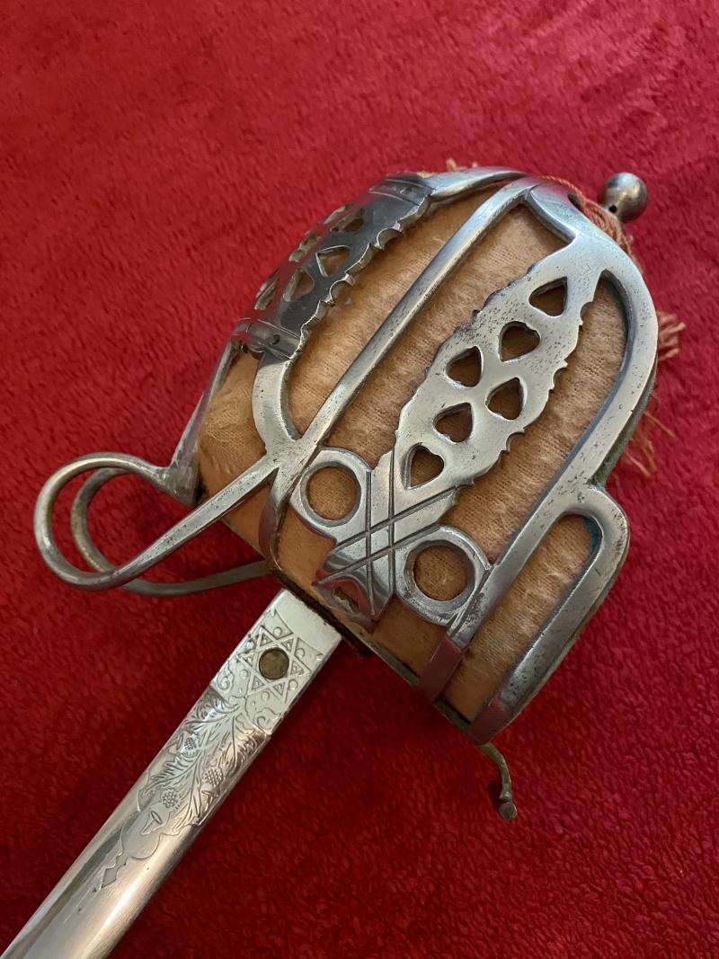 Good REPRODUCTION Scottish Highland Officer's Basket Sword 1828 Pattern with Plated Scabbard c1980 — image 4