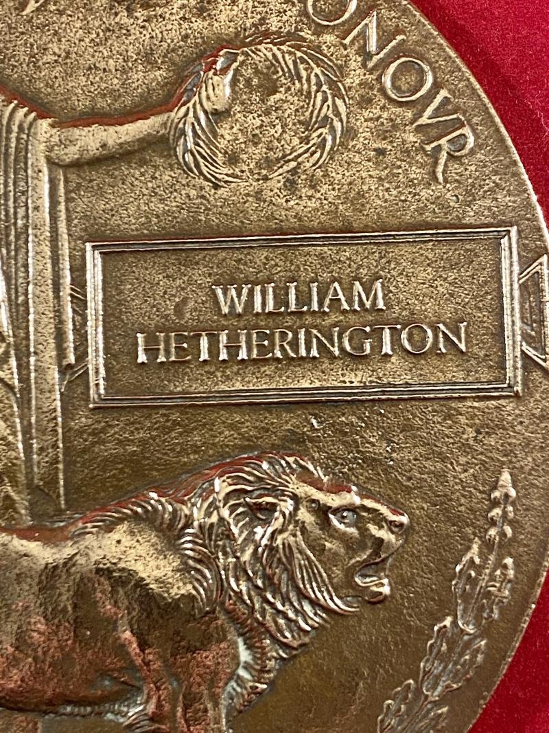 Genuine WW1 British Bronze Death Plaque (Death Penny) for WILLIAM HETHERINGTON — image 2