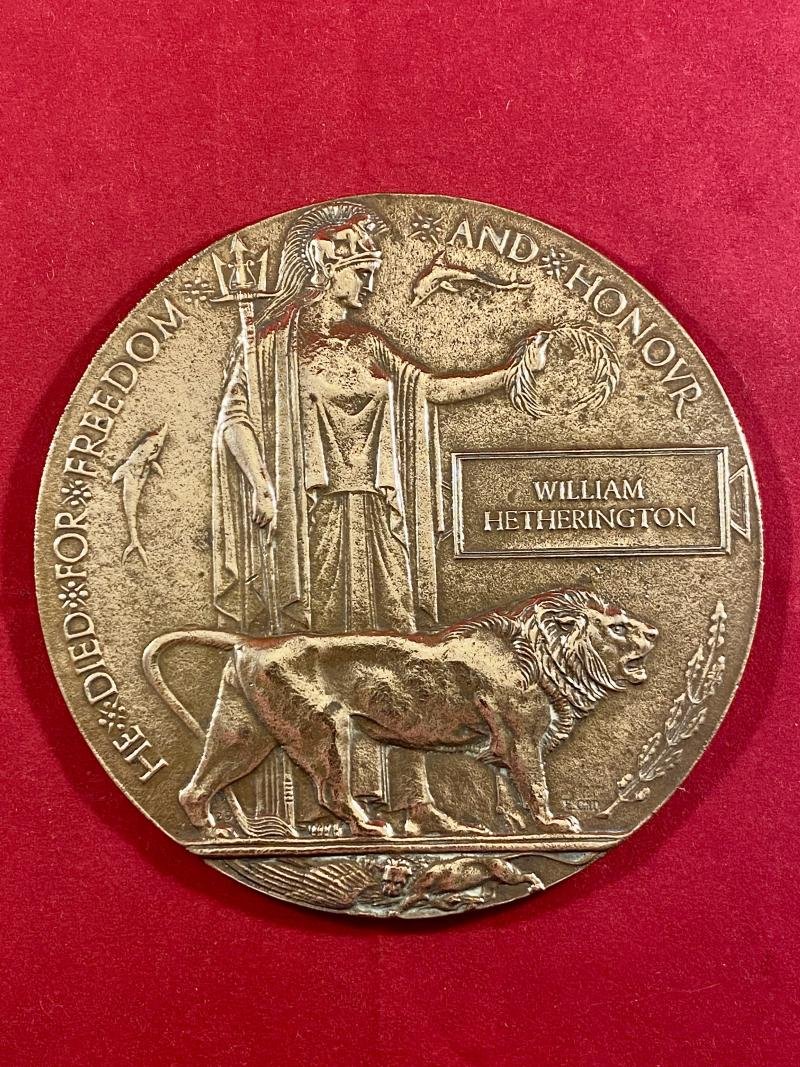 Genuine WW1 British Bronze Death Plaque (Death Penny) for WILLIAM HETHERINGTON — image 7