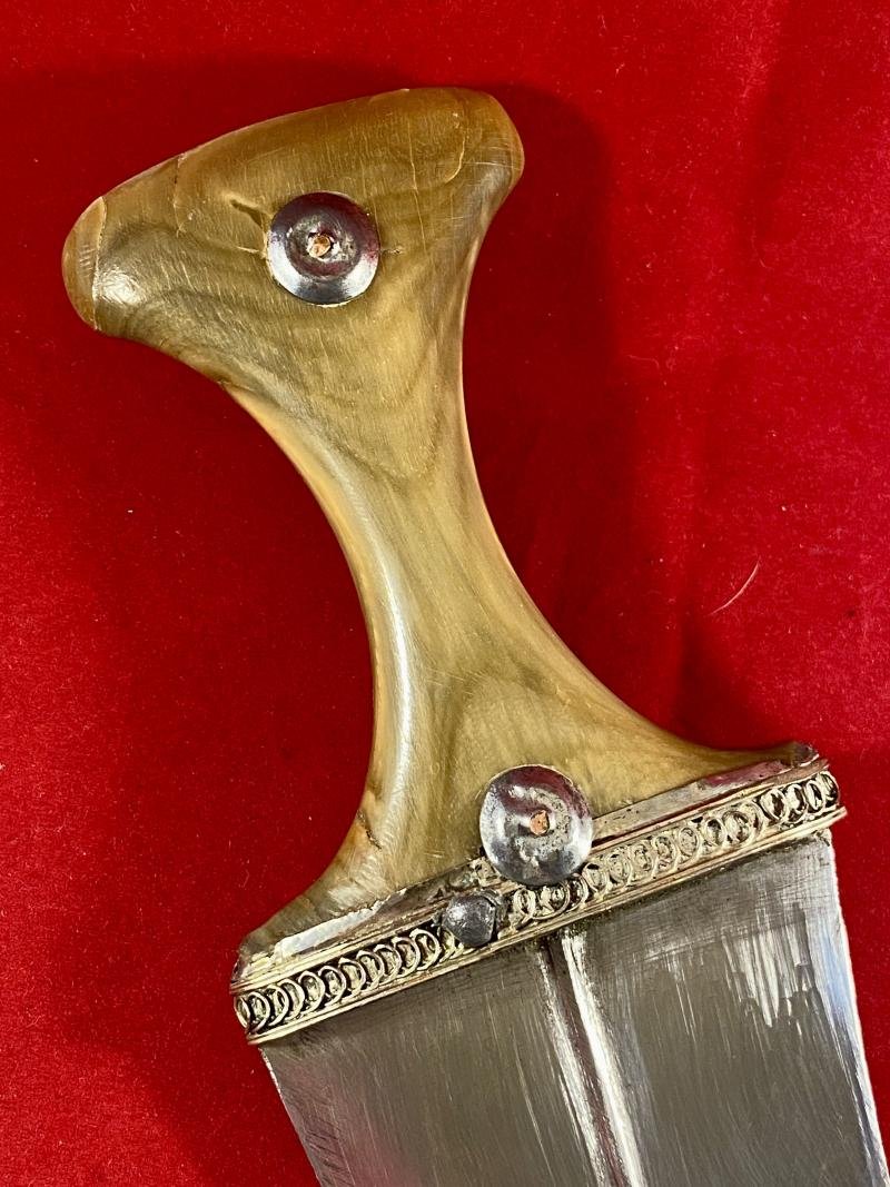 Antique Yemeni Jambiya Dagger with Horn Handle and an Ornate Silver Filigree and Leather Covered Sheath — image 7