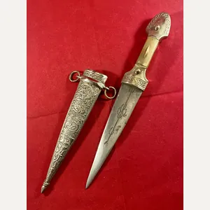 Ornate 20th Century Syrian Neck Dagger with Horn Grip Scales