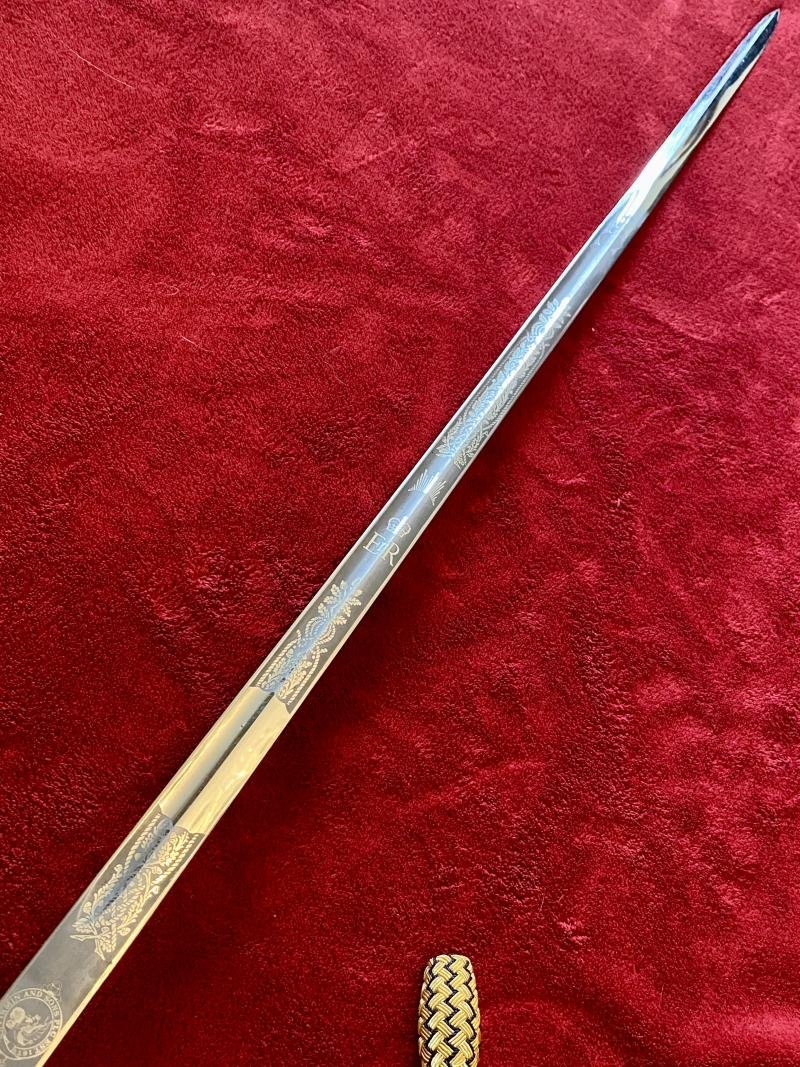 Near Mint ERII Royal Navy Officer's Sword by FIRMIN AND SONS PLC with Scabbard and Dress Knot c1980 — image 9