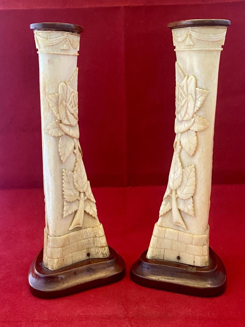 Stunning Pair of WW1 German POW 8' Cow Shinbones Carved with Roses - KNOCKALOE -I.O.M. 'Legs of Man' — image 4