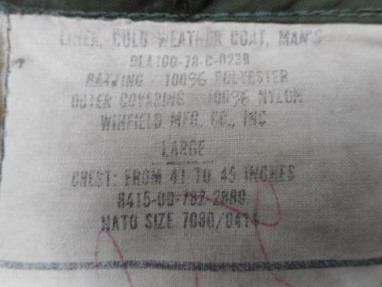 1978 US Army ISSUE M65 FIELD COAT COMBAT jacket ARCTIC QUILTED LINER L large — image 2