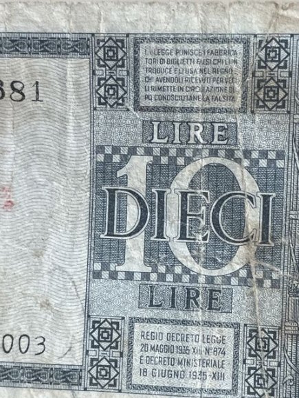 Original WWII Italian 10 Lire Note, 1944 — image 4