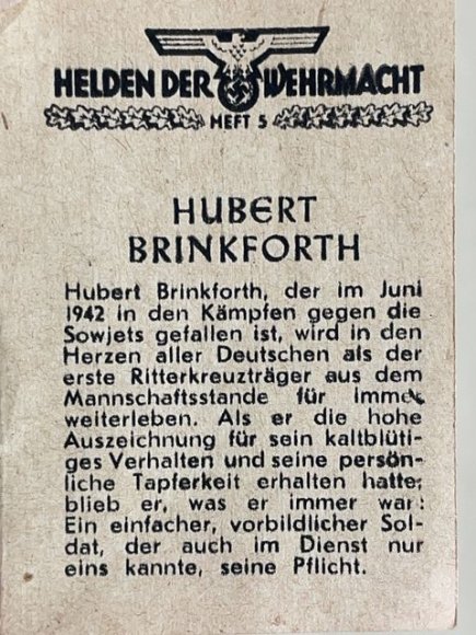Original WWII German WHW Donation Booklet, Ritterkreuztr‰ger Hubert Brinkforth — image 2