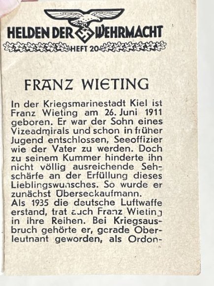 Original WWII German WHW Donation Booklet, Ritterkreuztrðger Franz Wieting — image 2