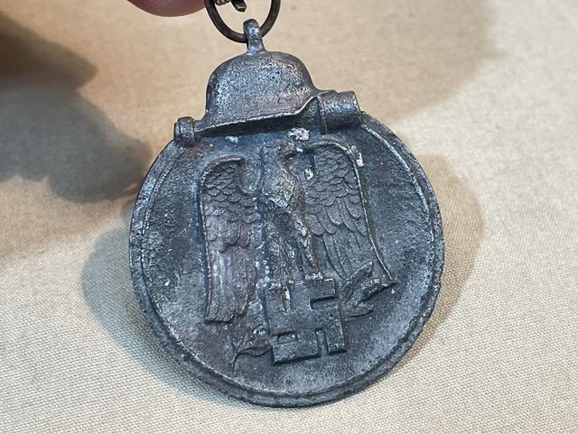 Original WWII German Russian Front Medal with Odd Ribbon and Pip — image 2