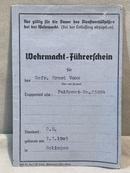 Original WWII German Armed Forces Driver License, Wehrmacht-F³hrerschein