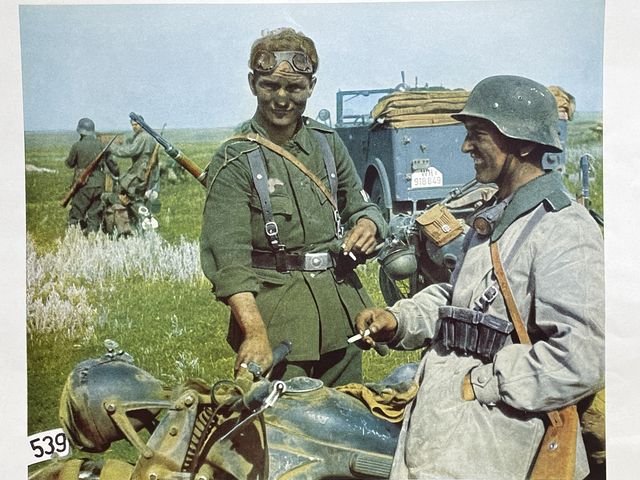 Original WWII German Military Themed Color Print, Cigarette Break for the Motorcyclists — image 2