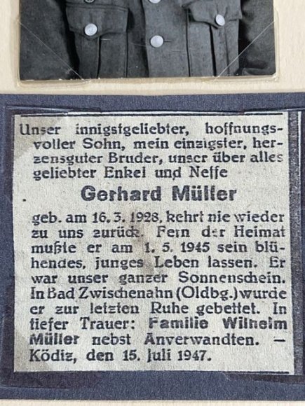 Original WWII German Framed KM Coastal Artillery Soldier's Photograph & Death Notice — image 4