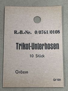 Original WWII German Cardstock Clothing Tag, Trikot-Unterhosen 10 St³ck