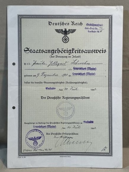 Original WWII German Citizenship ID (For Domestic Use) Document, Staatsangehörigkeitsausweis