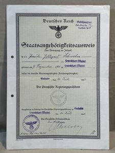 Original WWII German Citizenship ID (For Domestic Use) Document, Staatsangehörigkeitsausweis