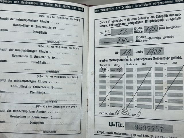 Original Nazi Era German DAF Membership ID/Dues Book — image 7