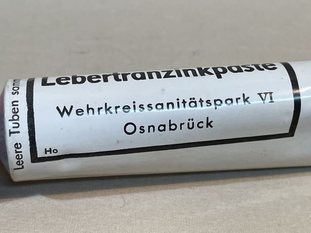Original WWII German Medical Item, Unfilled Lebertranzinkpaste Metal Tube (Tan) — image 3